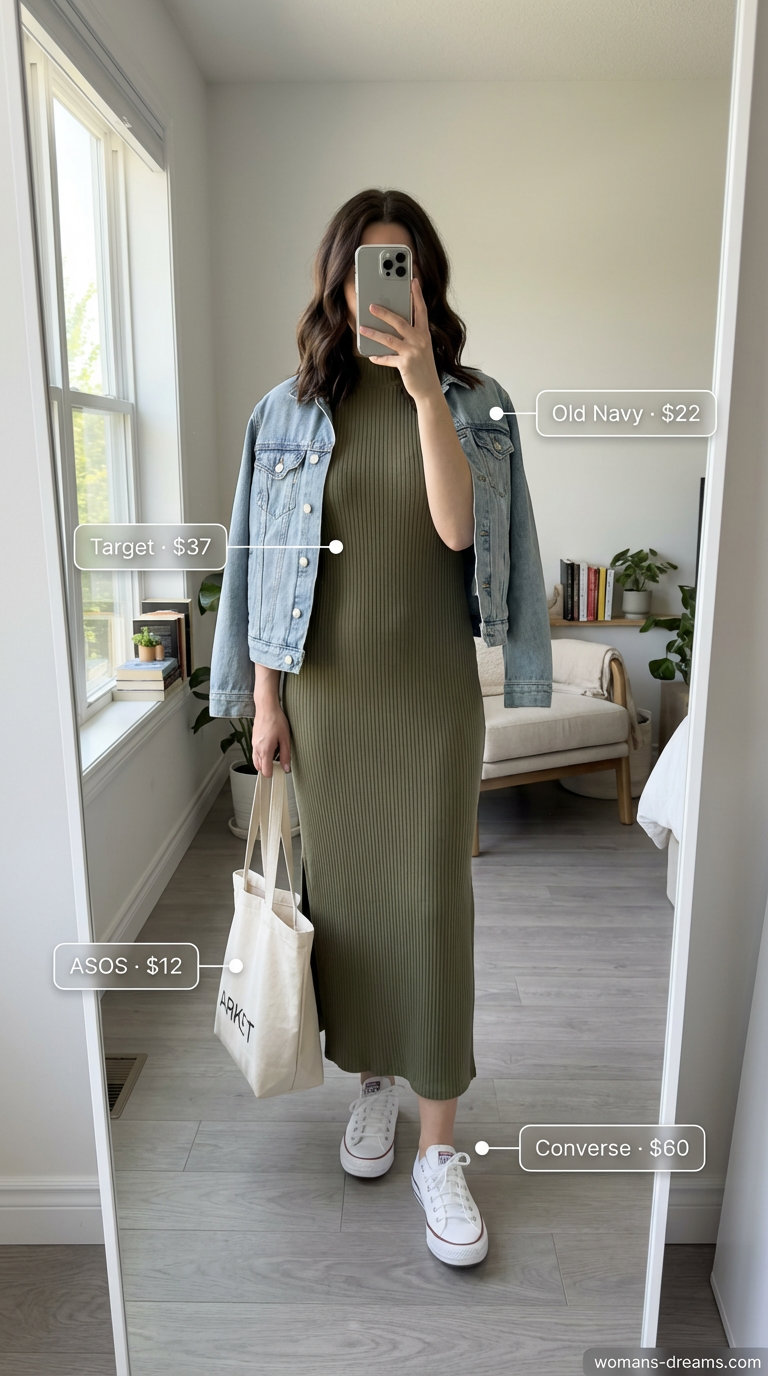 Casual Weekend Retreat Summer Maxi Dress 2026 Relaxed olive green ribbed knit tank summer maxi dress 2026 styled with white sneakers, a denim jacket, and a canvas tote for a weekend retreat.