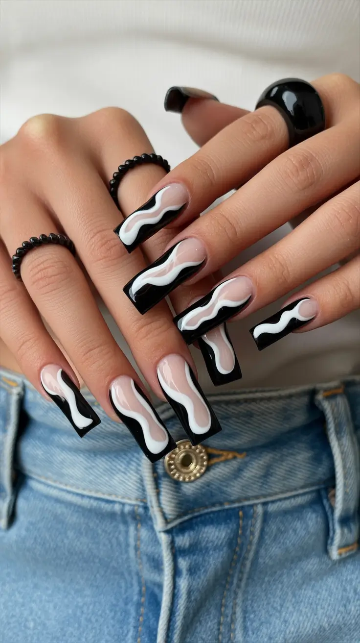summer nail art ideas 2026 easy Abstract Black and White Waves on Dramatic Square Nails