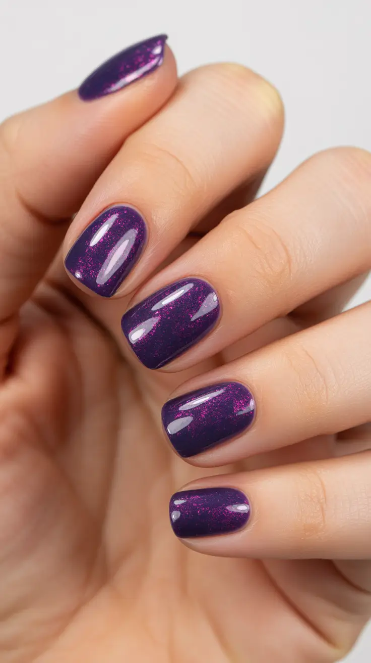 summer nail art ideas 2026 easy Deep Plum Sparkle for Late Summer Nights