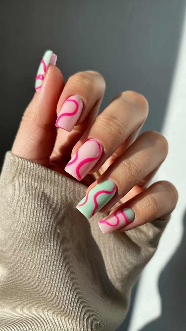 summer nail art ideas 2026 easy Playful Pink Waves with Modern Graphic Energy