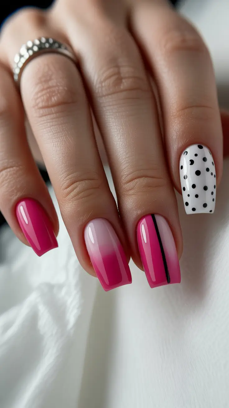 summer nail art ideas 2026 easy Playful Pink Mix with Polka Dot Accent