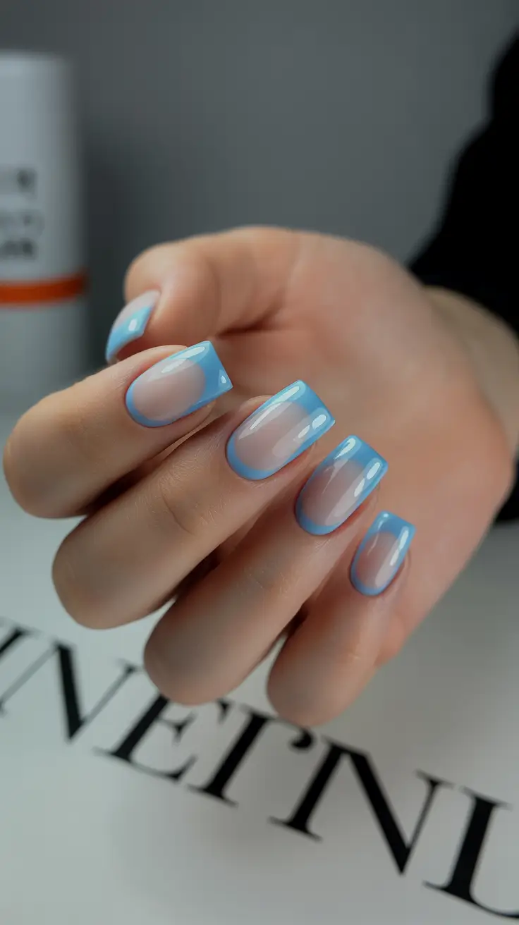 summer nail art ideas 2026 easy Minimal Sky Blue French for Short Modern Nails