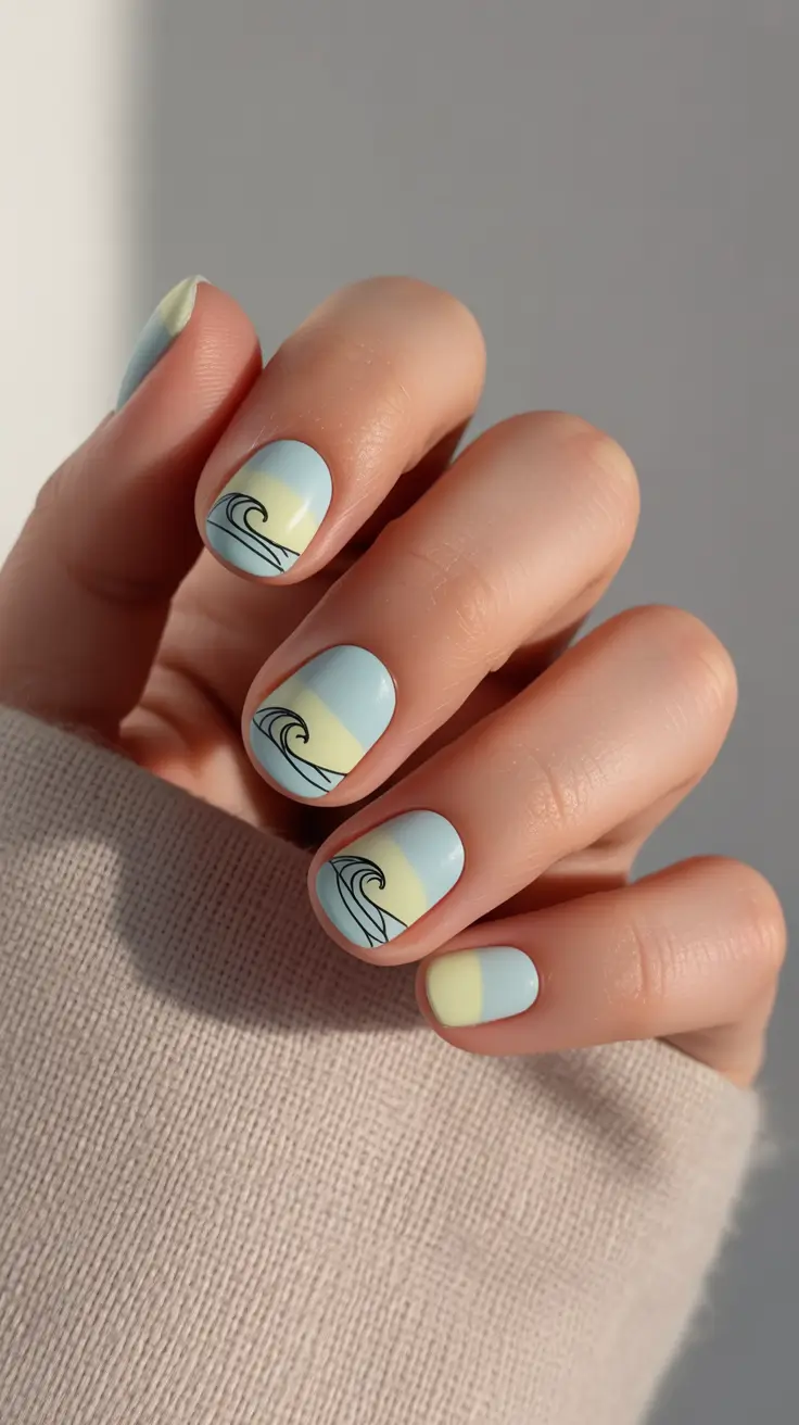 summer nail art ideas 2026 easy Soft Beach Wave Nail Art in Pastel Yellow and Blue