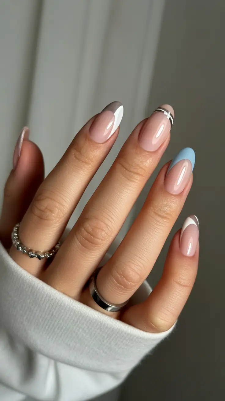 summer nail art ideas 2026 easy Modern Nude Almond with Color Block French Accents
