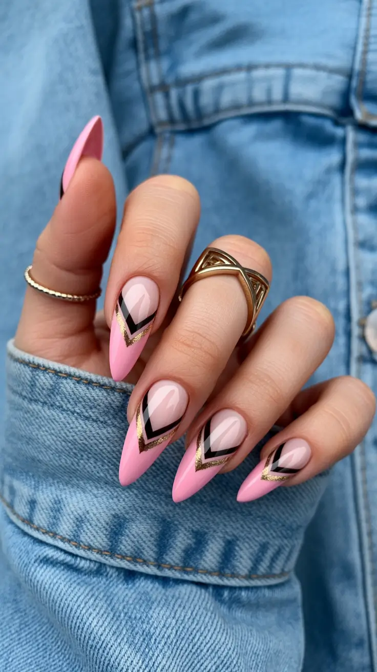 summer nail art ideas 2026 easy Geometric Pink Elegance with Graphic Accents