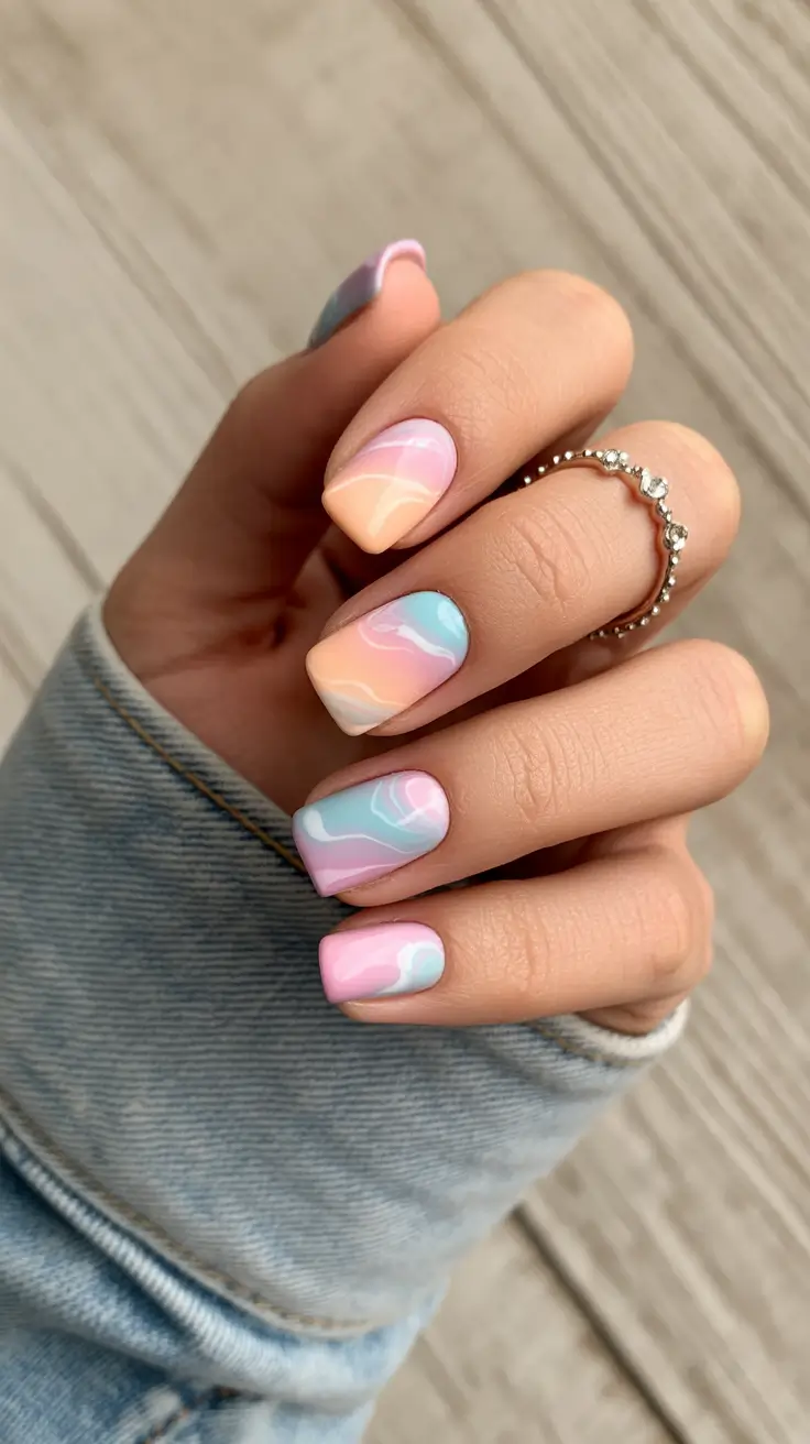 summer nail colors ideas 2026 trendy Pastel Marble Short Serenity