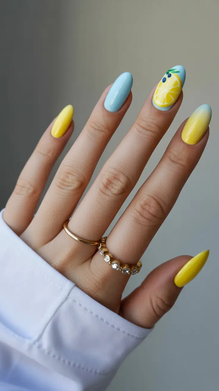 summer nail colors ideas 2026 trendy Blue Yellow Citrus Almond Play