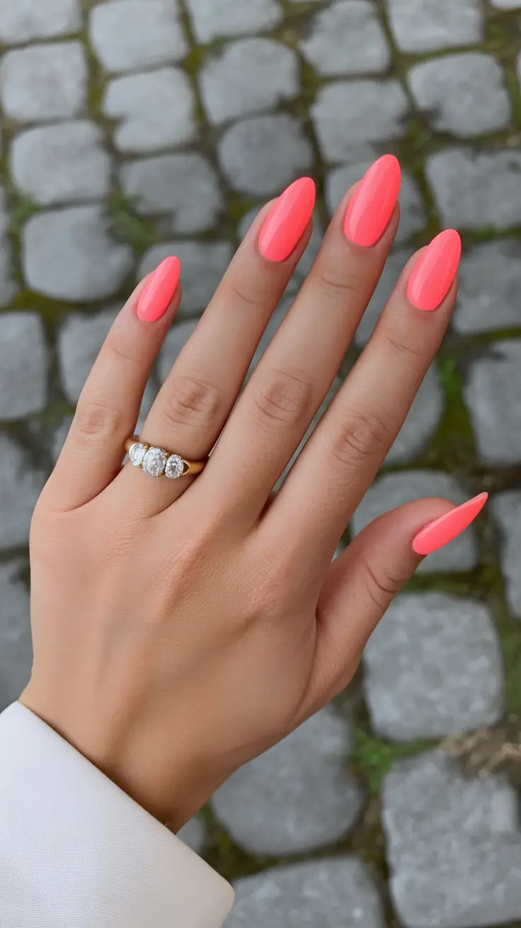 summer nail colors ideas 2026 trendy Neon Coral Almond Glow