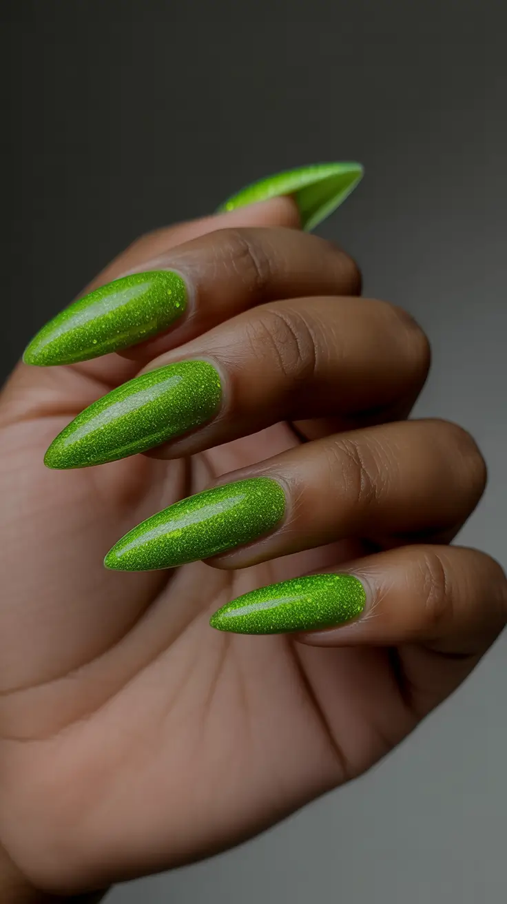 summer nail colors ideas 2026 trendy Shimmer Green Statement Almond