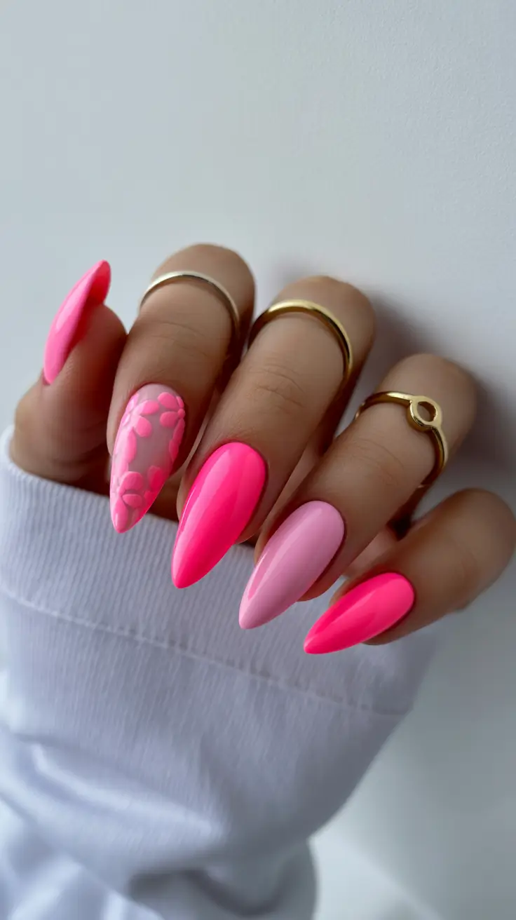summer nail colors ideas 2026 trendy Glossy Pink Floral Romance