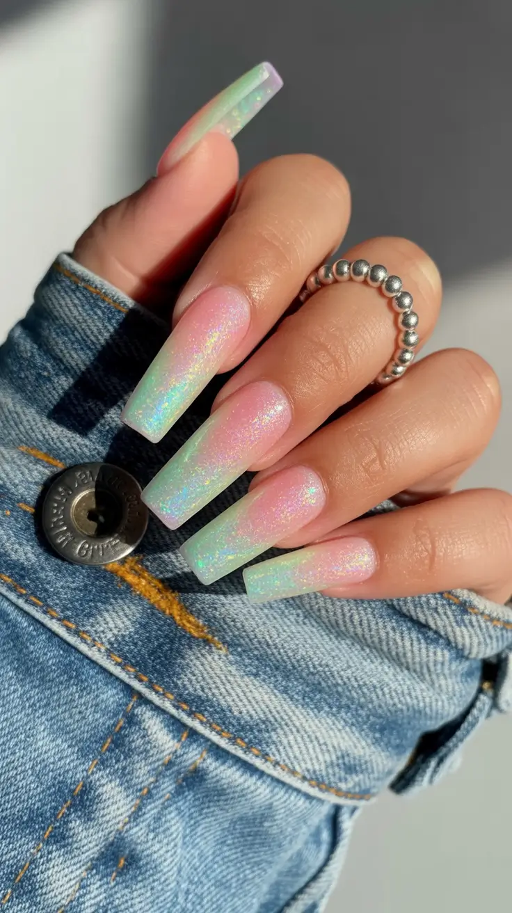 summer nail colors ideas 2026 trendy Iridescent Square Dream Glow