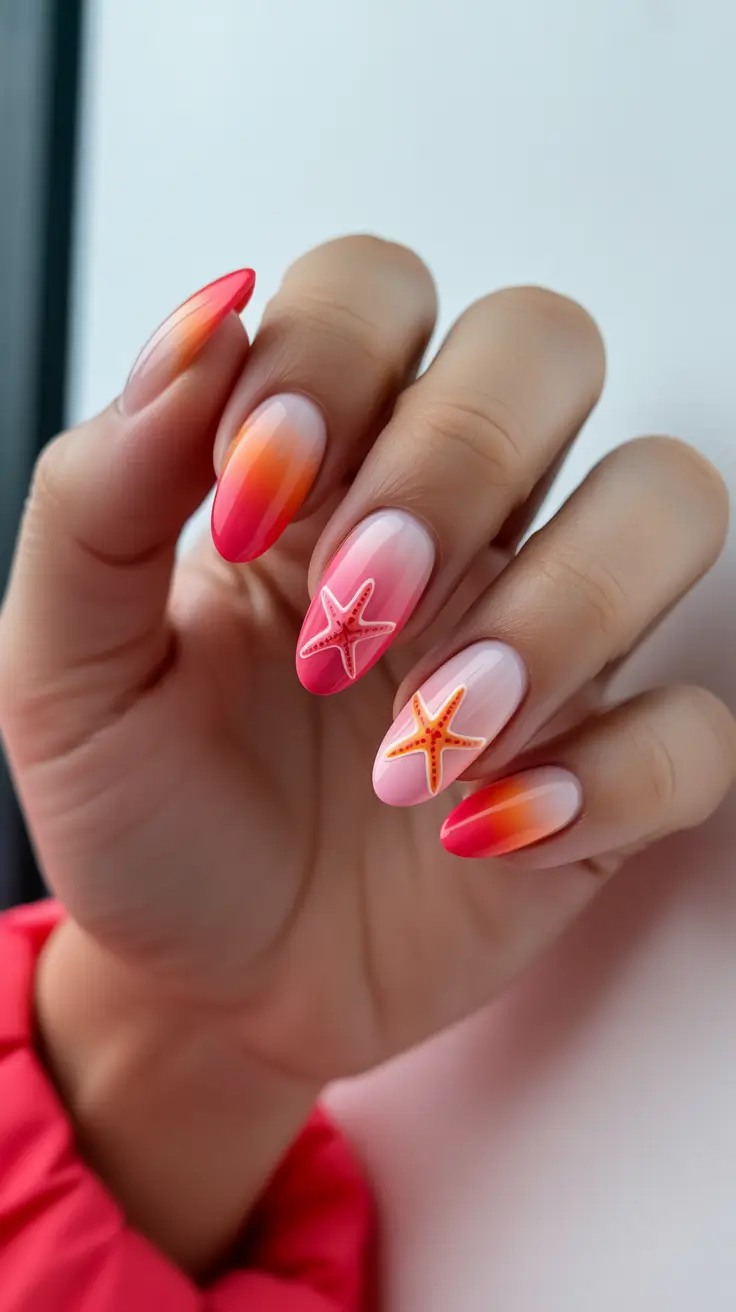 summer nail colors ideas 2026 trendy Sunset Ombre Starfish Glow