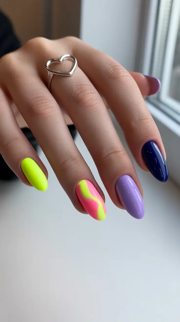 summer nail inspo 2026 aesthetic Neon Mix Minimal Almond