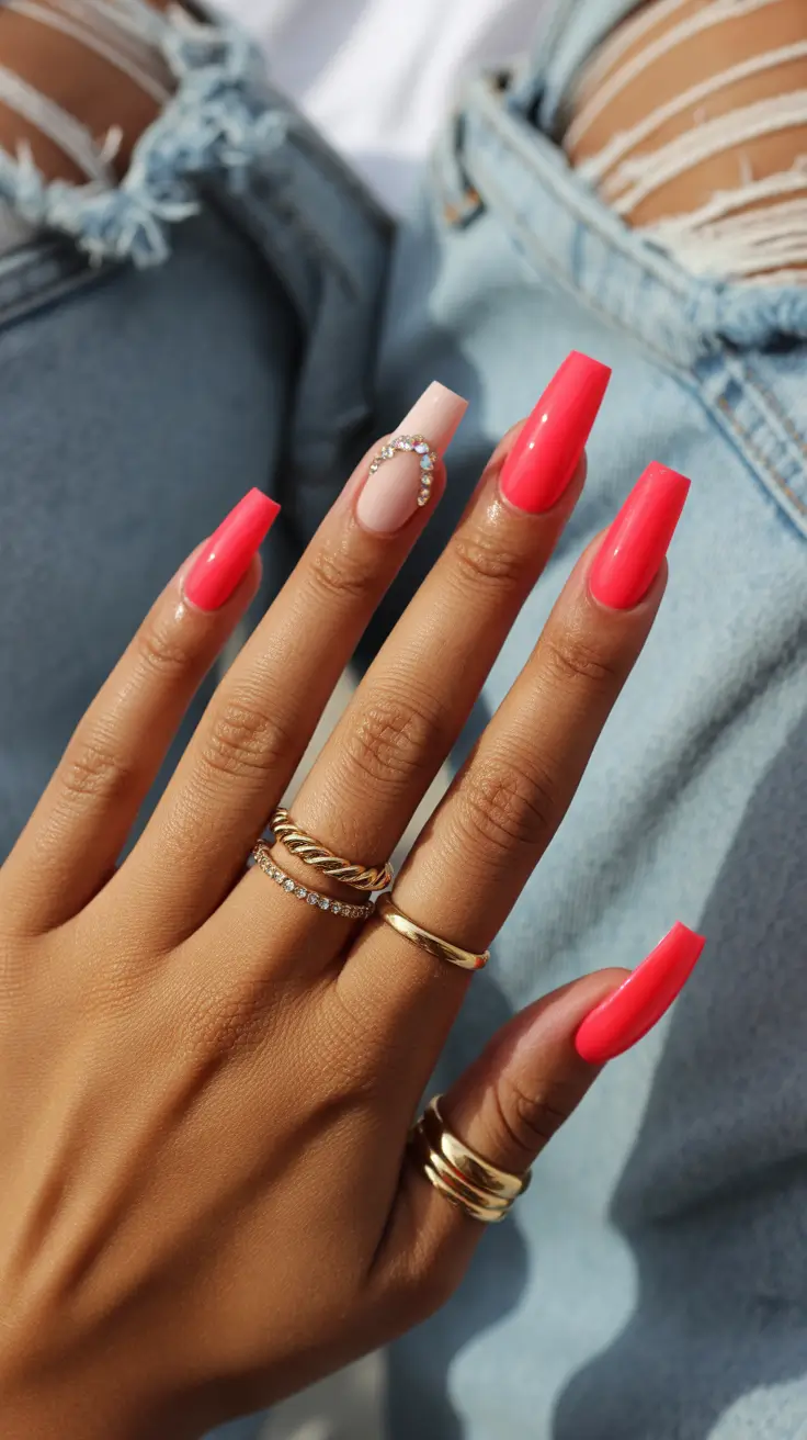 summer nail inspo 2026 aesthetic Neon Coral Statement Square