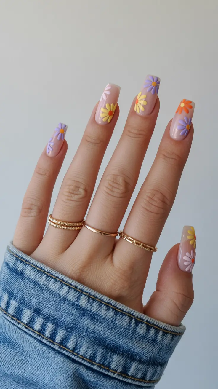 summer nail inspo 2026 aesthetic Soft Pastel Daisy Short Square