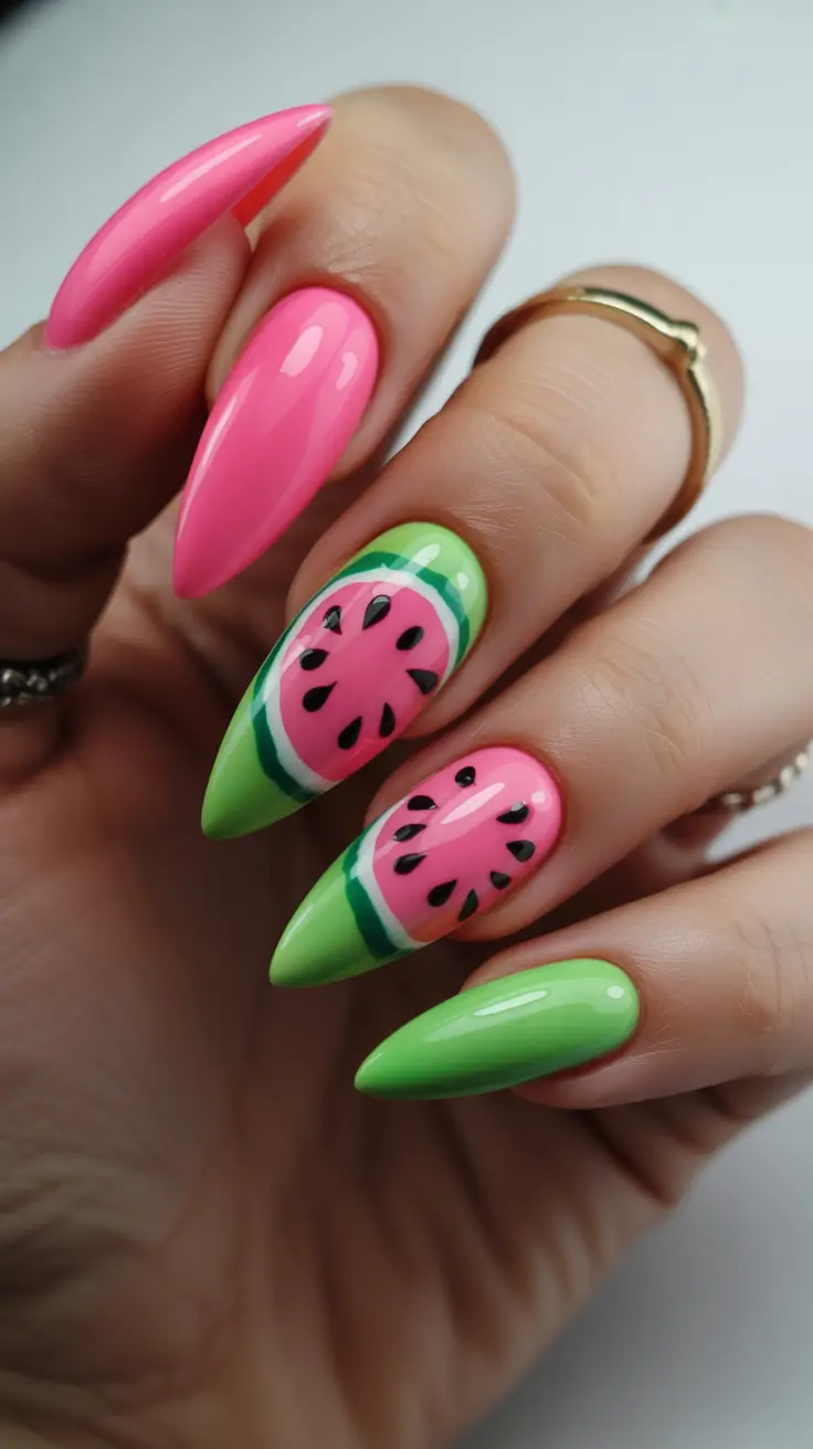 summer nail inspo 2026 aesthetic Playful Watermelon Almond Art