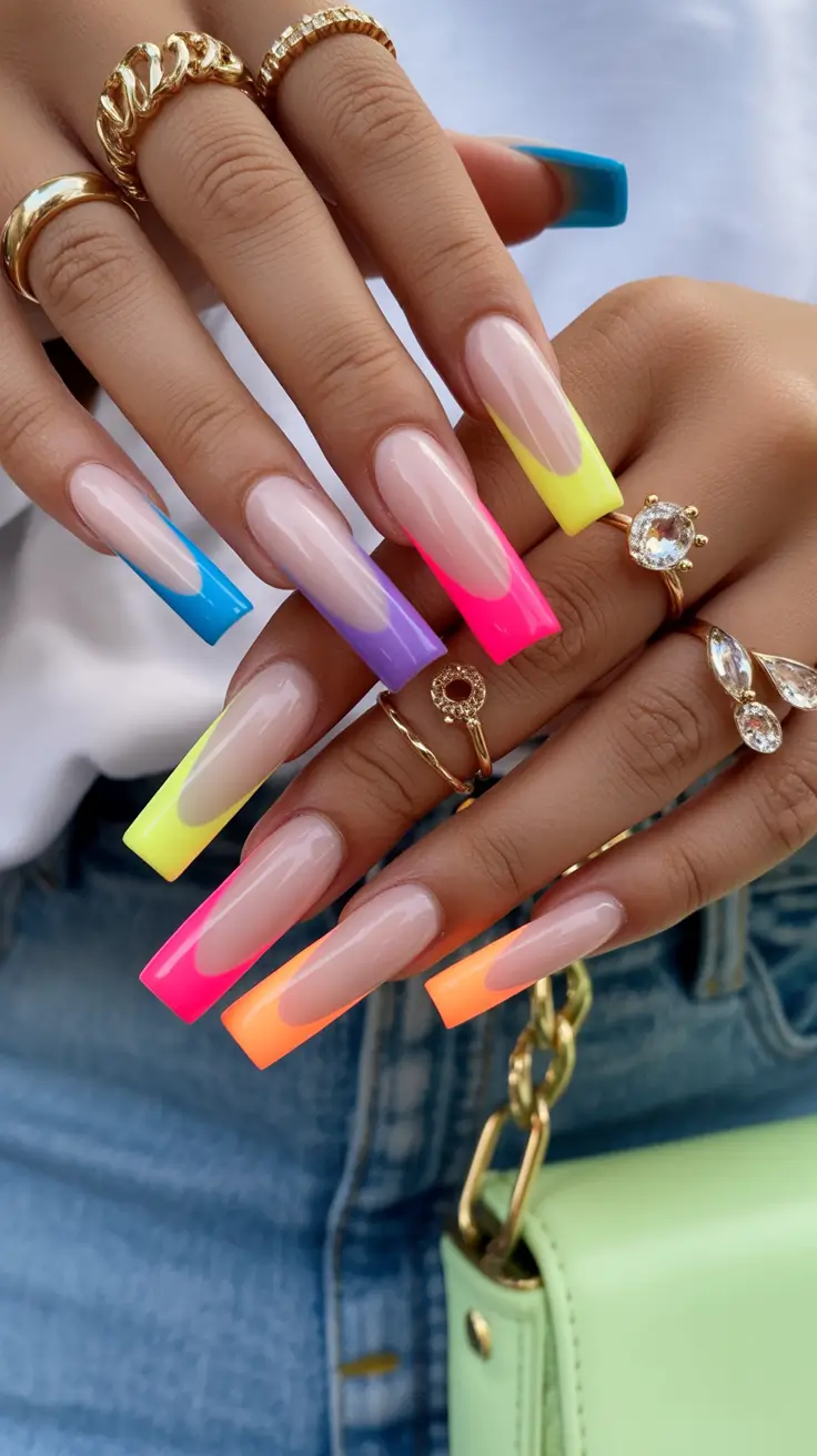 summer nail inspo 2026 aesthetic Rainbow Neon French Long Square