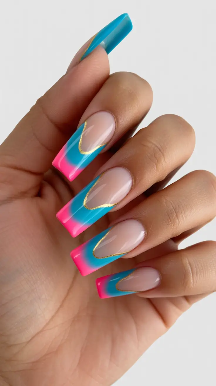 summer nail inspo 2026 aesthetic Neon Wave French Long Square