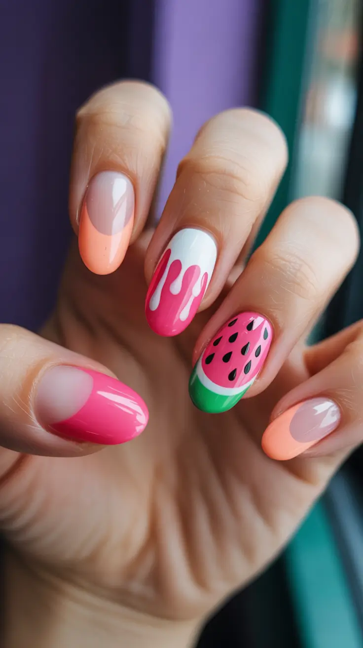 summer nail inspo 2026 aesthetic Playful Fruit Mix Short Almond