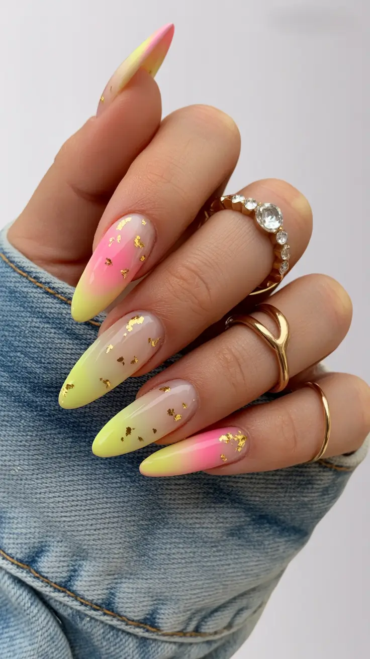 summer nail inspo 2026 aesthetic Soft Neon Ombre with Gold Foil