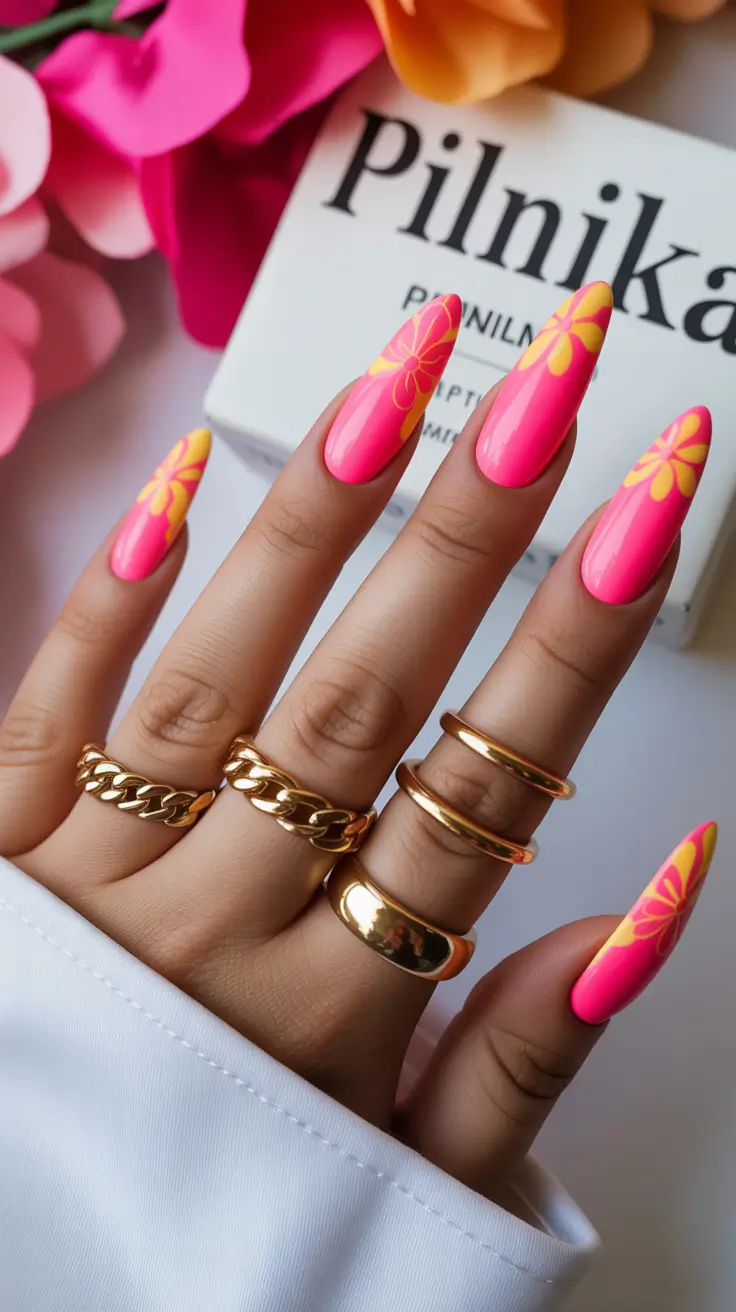 summer nail inspo 2026 aesthetic Neon Hibiscus Almond Glow