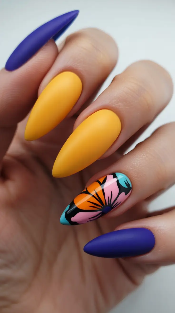 summer nail inspo 2026 aesthetic Matte Color Clash Statement Almond