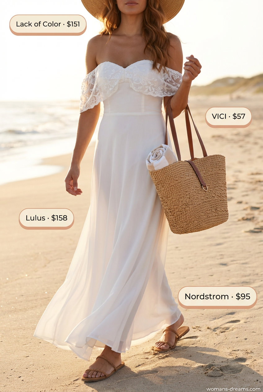 Relaxed white embroidered off-shoulder maxi dress with flat leather sandals, a large straw tote, and a wide-brim hat, perfect for bohemian summer off-shoulder dress outfits 2026 on a beach day.