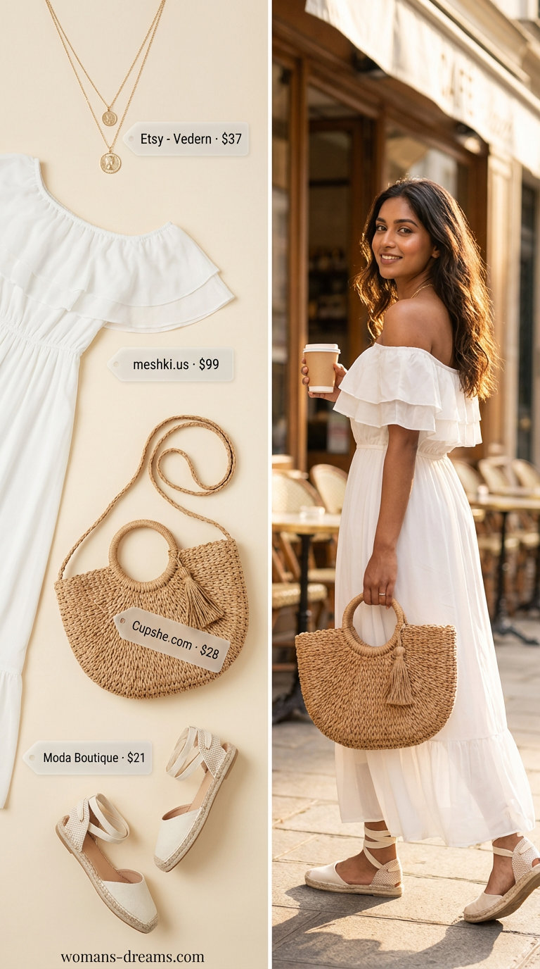 Relaxed white tiered off-shoulder maxi dress with a large straw tote bag for a bohemian beach look, fitting for summer off-shoulder dress outfits 2026. Features gold coin necklaces and espadrille sandals.
