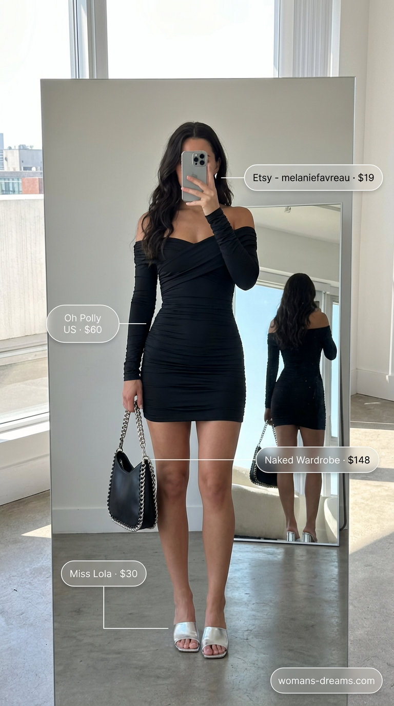 Sophisticated black stretch knit off-shoulder bodycon mini dress with silver block heel mules and geometric earrings for summer off-shoulder dress outfits 2026, suitable for art gallery visits.