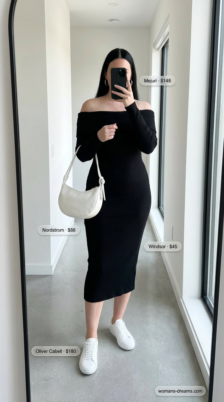 Chic black ribbed off-shoulder bodycon midi dress with a side slit and white sneakers, perfect for summer off-shoulder dress outfits 2026 city strolling or an art gallery visit, accessorized with silver hoop earrings and a white mini bag.