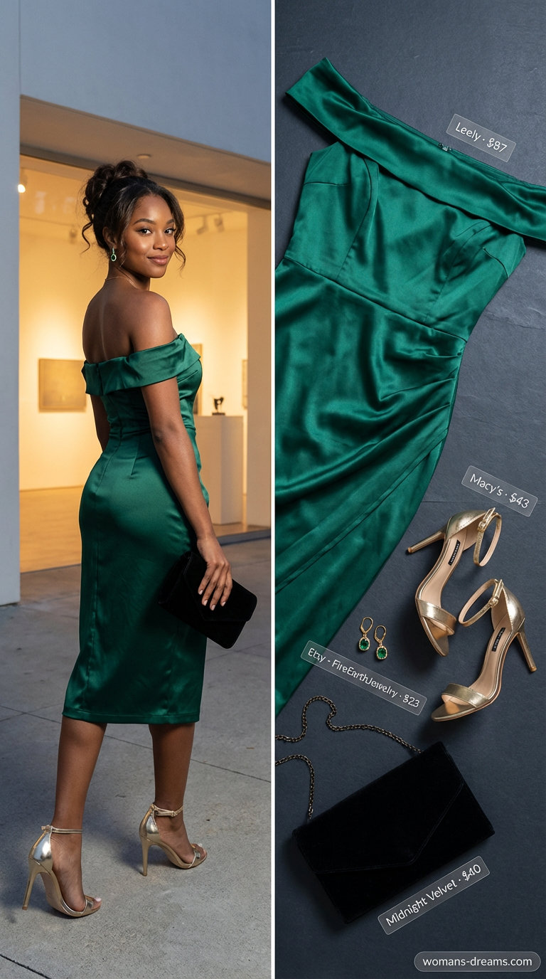 Luxurious deep emerald green satin off-shoulder midi dress with voluminous sleeves, a sophisticated pick for summer off-shoulder dress outfits 2026. Paired with gold strappy heels, a velvet clutch, and emerald gold earrings.
