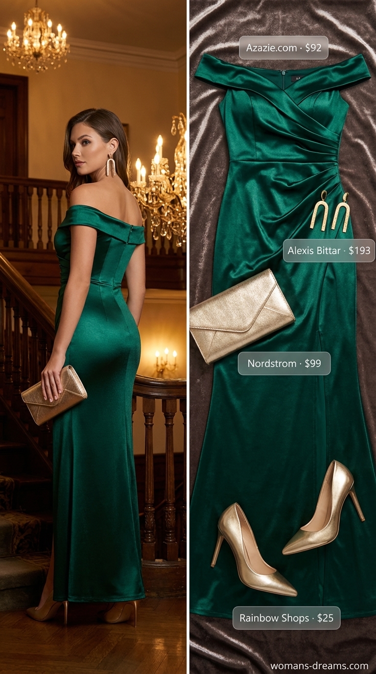 Glamorous emerald green stretch satin off-shoulder bodycon midi dress with gold statement earrings and strappy heels for summer off-shoulder dress outfits 2026, ideal for weddings and cocktail parties.