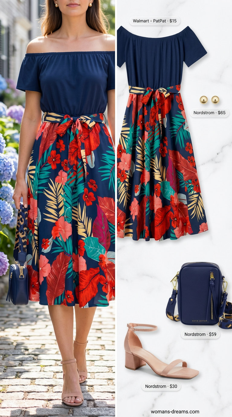 Charming navy floral print off-shoulder midi dress with nude block heel sandals and a coordinated crossbody bag for feminine summer off-shoulder dress outfits 2026, ideal for city brunch.