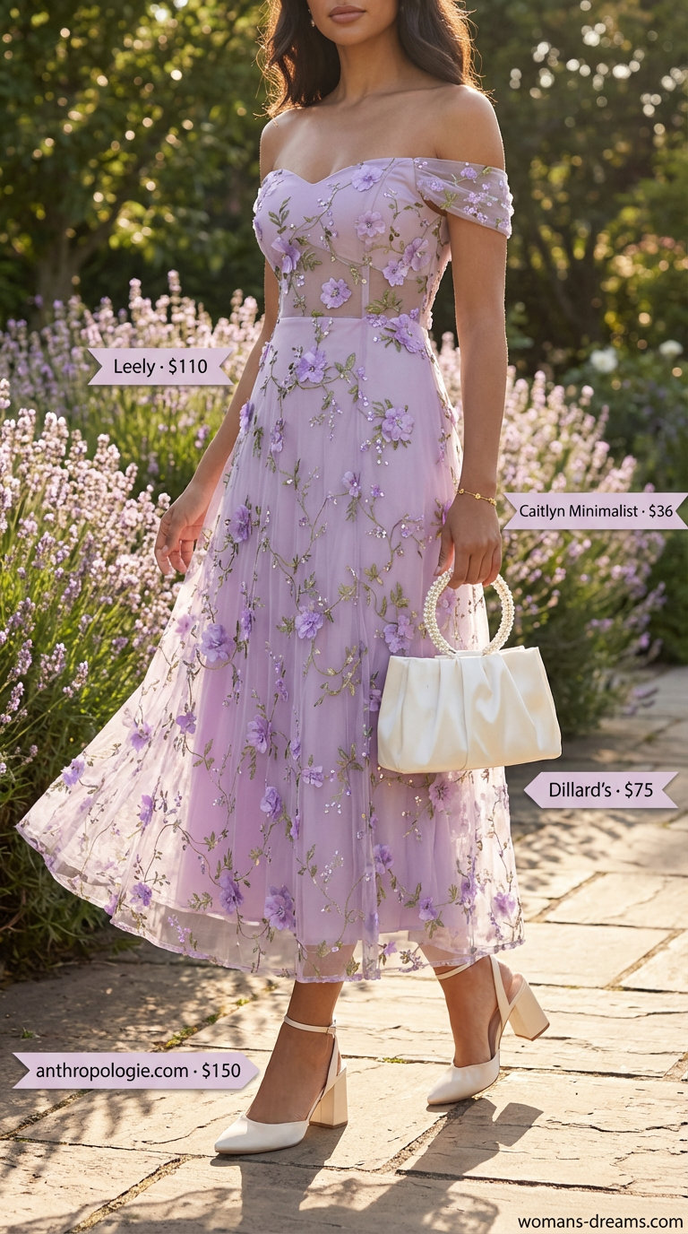 Elegant lavender chiffon A-line off-shoulder midi dress perfect for summer garden party outfits 2026, paired with cream accessories.