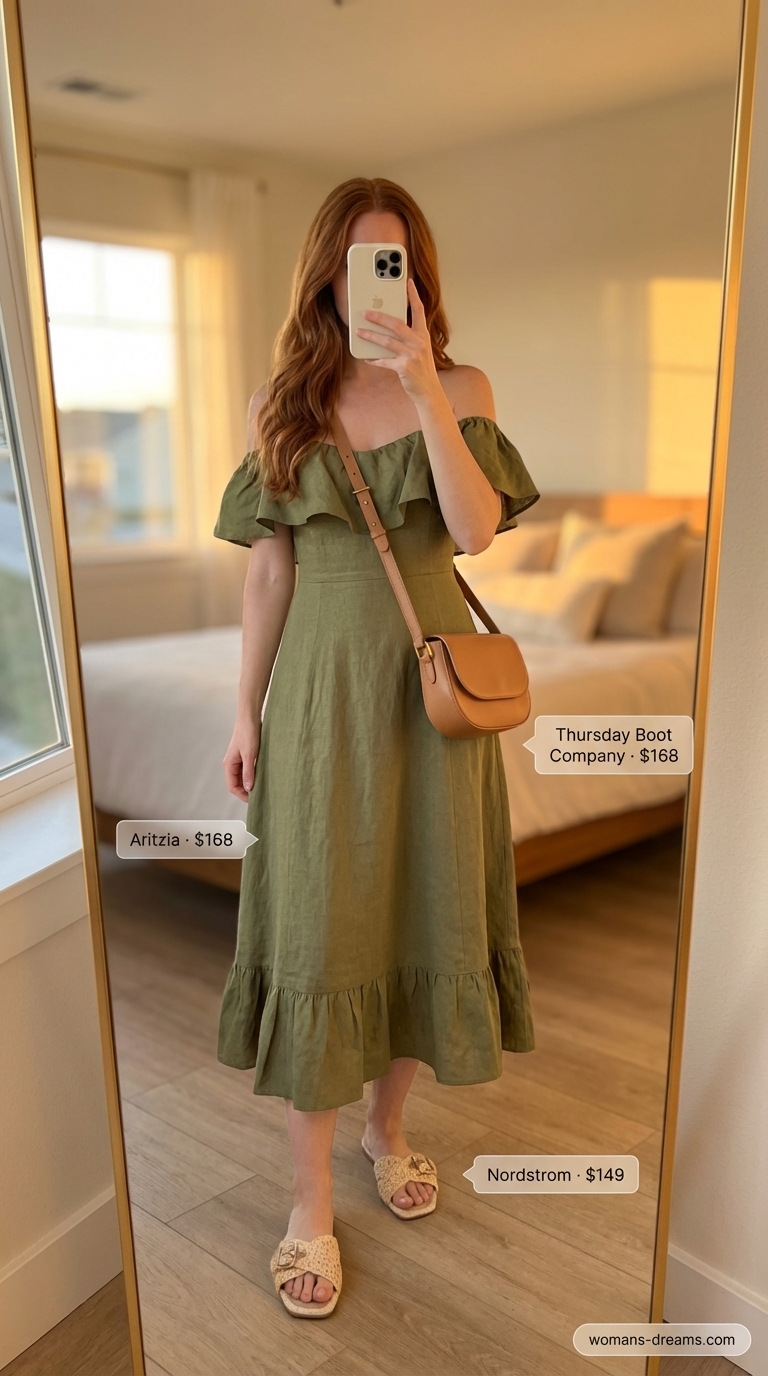Serene olive green linen blend off-shoulder midi dress with a subtle side slit, a relaxed yet sophisticated option for summer off-shoulder dress outfits 2026. Styled with woven slide sandals, a leather crossbody, and a gold bracelet.
