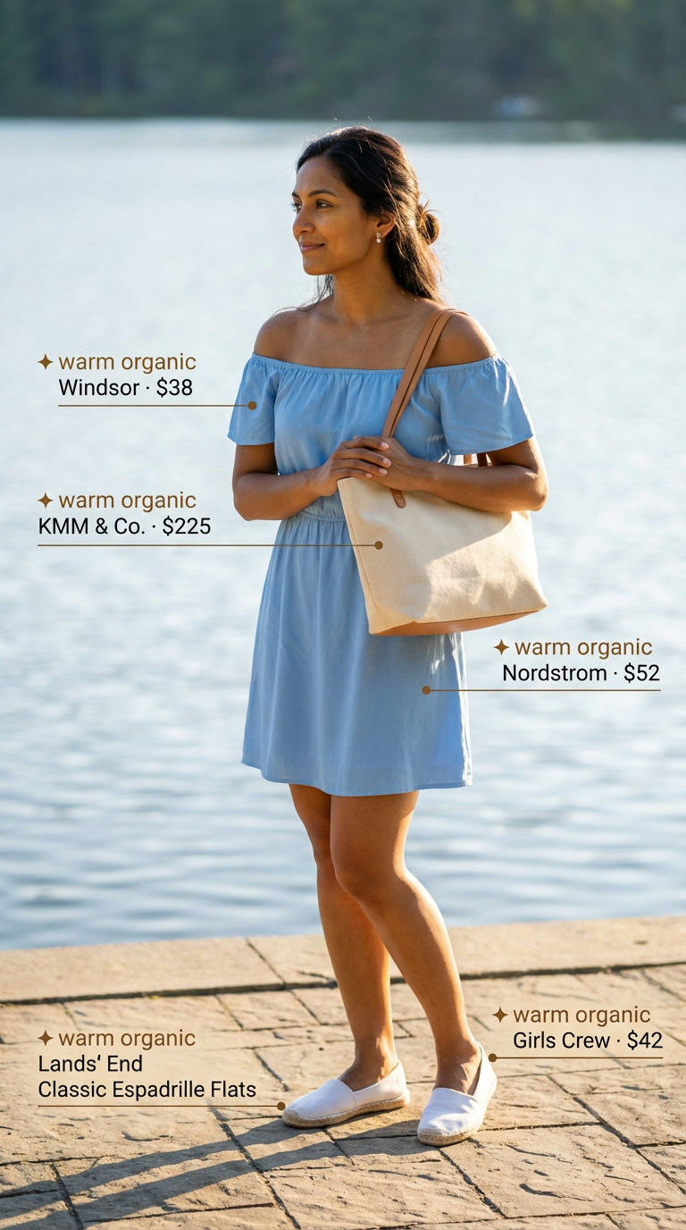 Relaxed sky blue linen blend off-shoulder mini dress with ruffles, a comfortable choice for summer off-shoulder dress outfits 2026. Accessorized with white espadrille flats, a canvas tote, and delicate silver earrings.