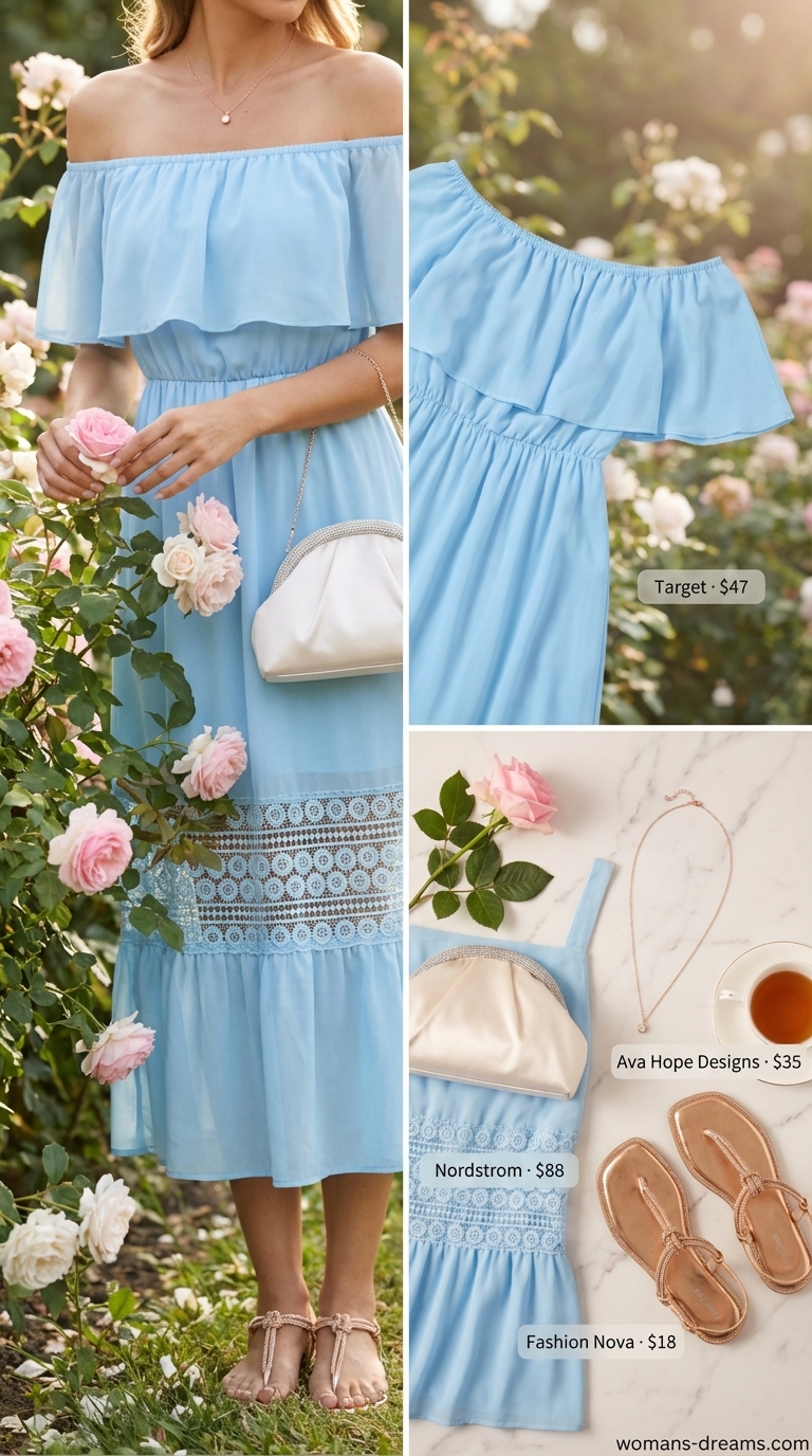 Ethereal sky blue crinkled chiffon off-shoulder maxi dress with ruffle trim, a beautiful choice for summer off-shoulder dress outfits 2026. Styled with rose gold sandals, a dainty necklace, and an ivory satin clutch for a garden party.