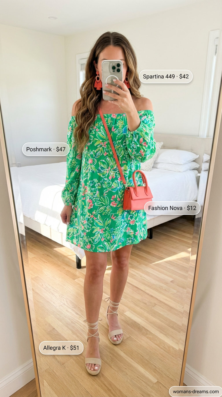 Playful emerald green tropical print off-shoulder mini dress, perfect for summer off-shoulder dress outfits 2026 vacations. Styled with espadrille wedge sandals, a coral mini bag, and tassel earrings for a lively look.