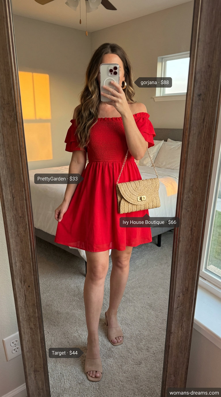 Vibrant cherry red off-shoulder mini dress with ruffles, ideal for vacation wear within summer off-shoulder dress outfits 2026.