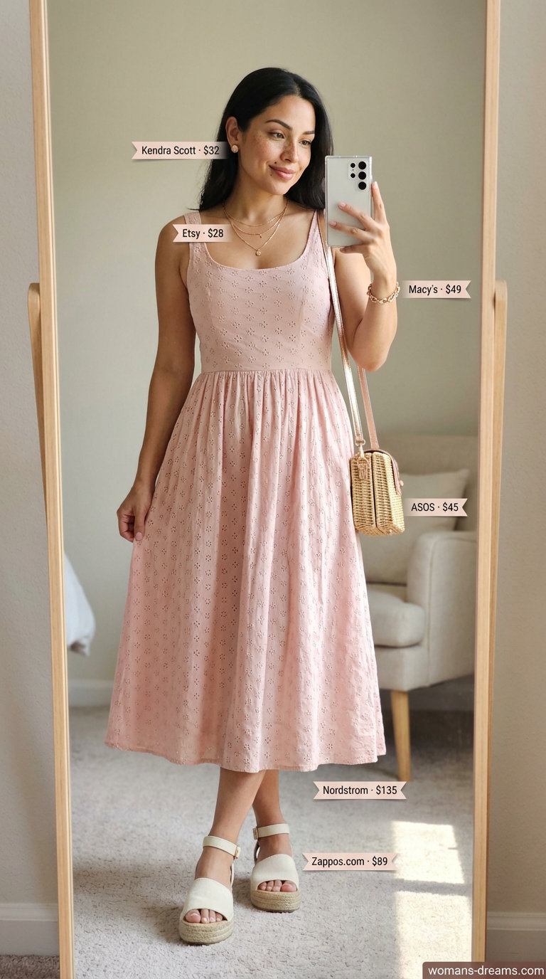 Romantic blush pink cotton eyelet off-shoulder midi dress with a full skirt, perfect for summer off-shoulder dress outfits 2026. Paired with espadrille sandals, a vintage wicker bag, and a rose gold necklace for a graceful look.