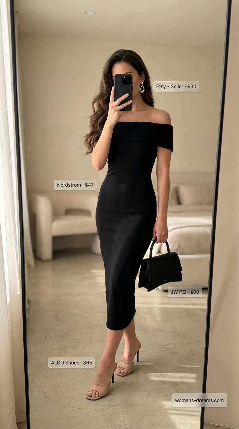 A sophisticated summer off-shoulder dress outfit 2026 with a black stretch knit bodycon midi dress, nude pointed-toe mule heels, a small structured top-handle bag, and delicate gold drop earrings, perfect for a brunch date.