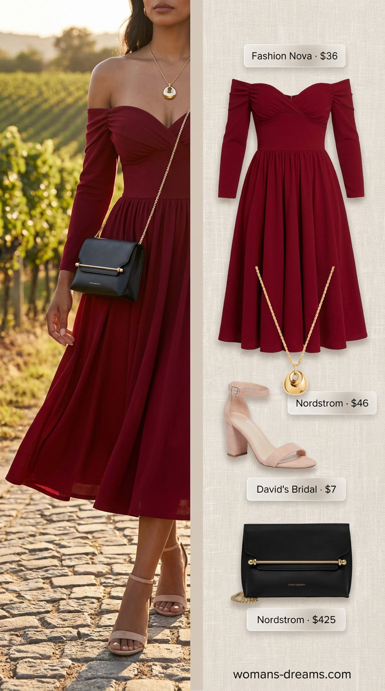 A romantic summer off-shoulder dress outfit 2026 featuring a deep burgundy red viscose crepe A-line midi dress, nude block heel sandals, a structured black crossbody bag, and a delicate gold pendant necklace, perfect for a vineyard tour.