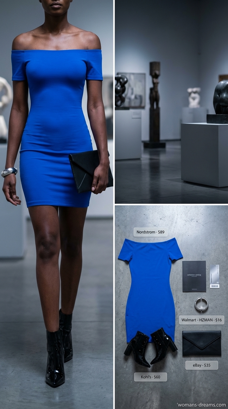 A bold summer off-shoulder dress outfit 2026 featuring a cobalt blue ponte knit mini dress, black pointed-toe ankle boots, a sleek black envelope clutch, and a chunky silver cuff bracelet, ideal for an art gallery opening.