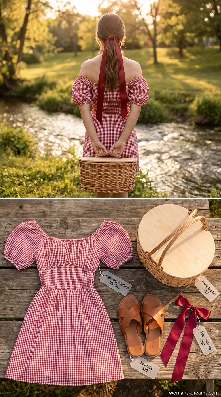 A sweet summer off-shoulder dress outfit 2026 featuring a red and white gingham cotton poplin mini dress, cognac brown flat leather sandals, a woven picnic basket bag, and a white ribbon in her hair, perfect for a picnic.