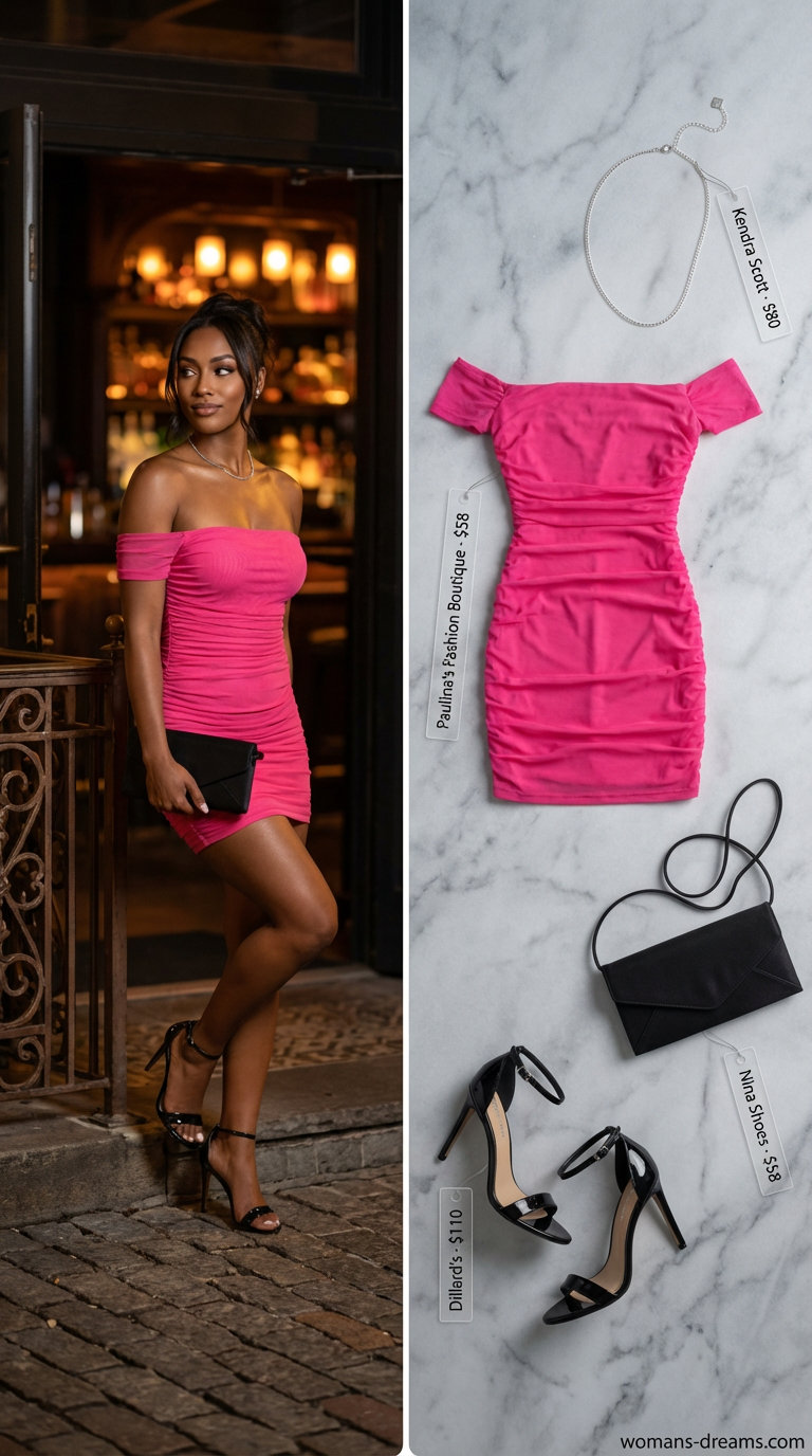 A sultry summer off-shoulder dress outfit 2026 featuring a hot pink stretch jersey bodycon mini dress, black strappy stiletto heels, a sleek black satin envelope clutch, and a delicate silver chain necklace, perfect for date night.