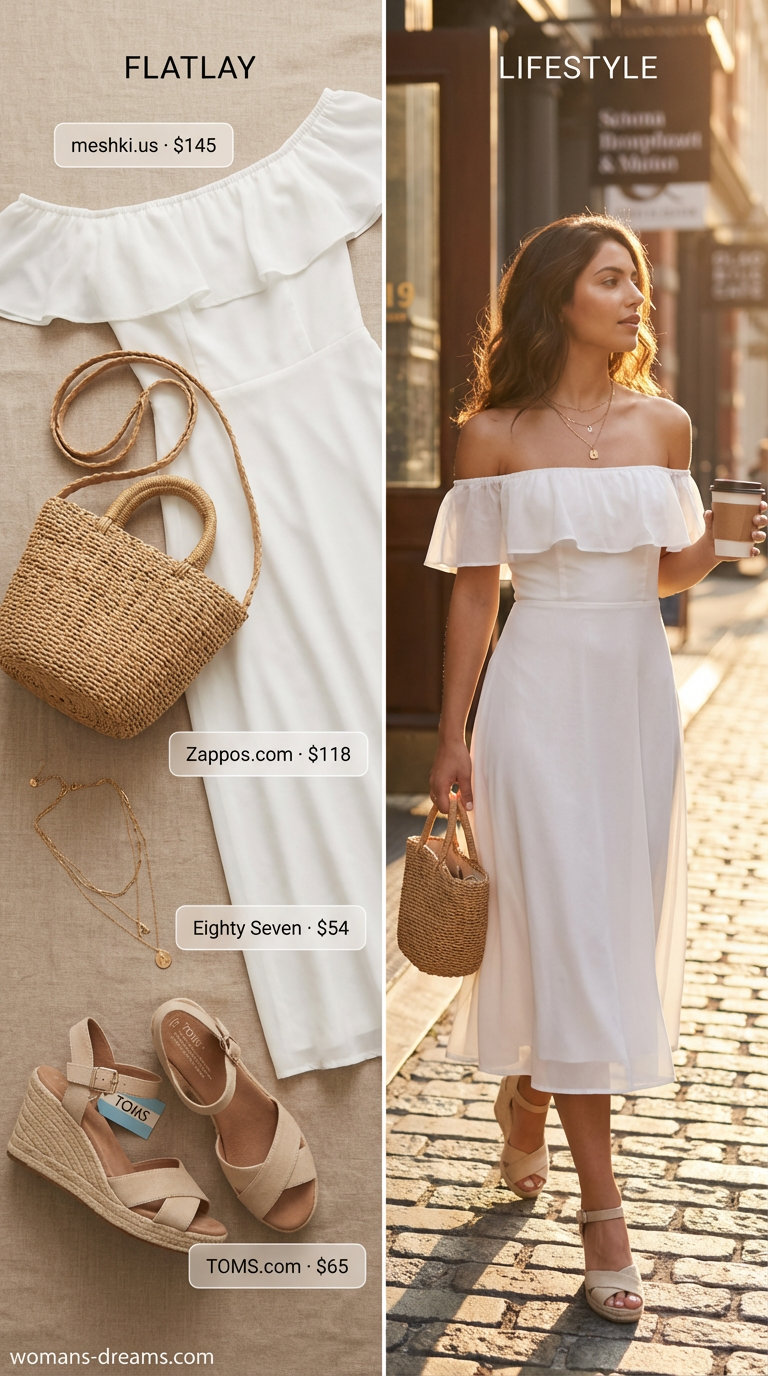 A fresh summer off-shoulder dress outfit 2026 featuring a crisp white cotton poplin midi dress, espadrille wedge sandals, a straw crossbody bag, and delicate layered gold necklaces, ideal for brunch or vacation.