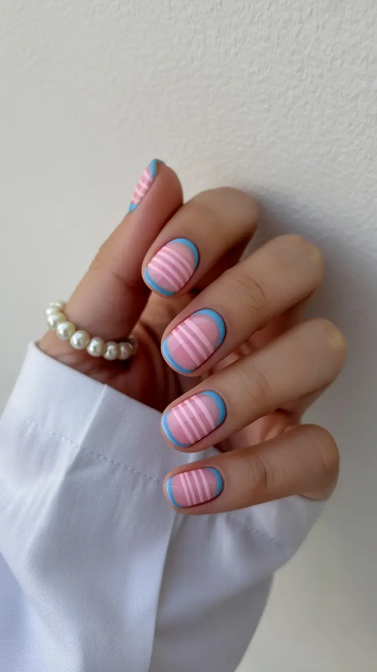 summer short nail inspo 2026 Soft Pink Lines with a Playful Blue Frame