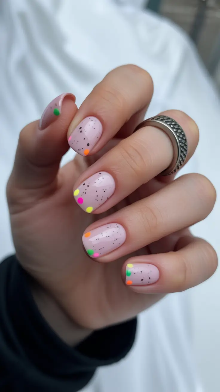 summer short nail inspo 2026 Speckled Nude with Neon Dot Accents