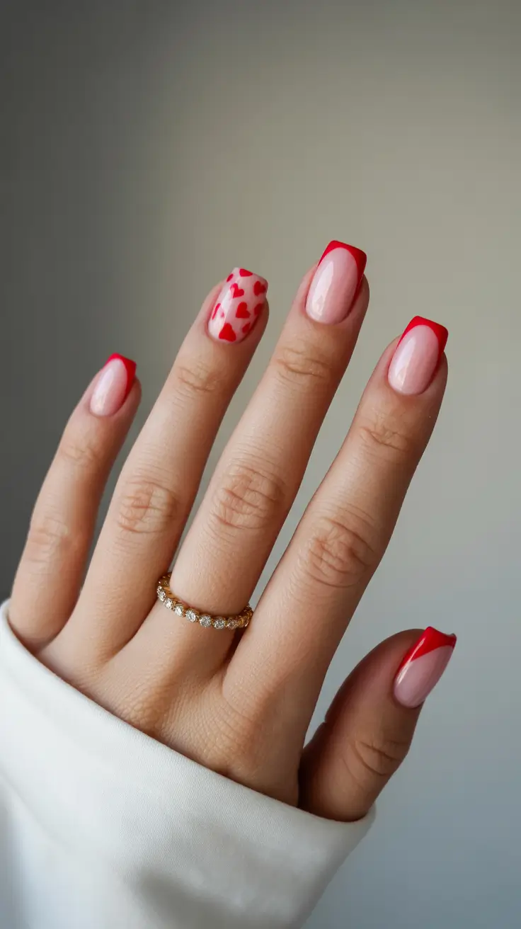 summer short nail inspo 2026 Red Micro French with Heart Accent