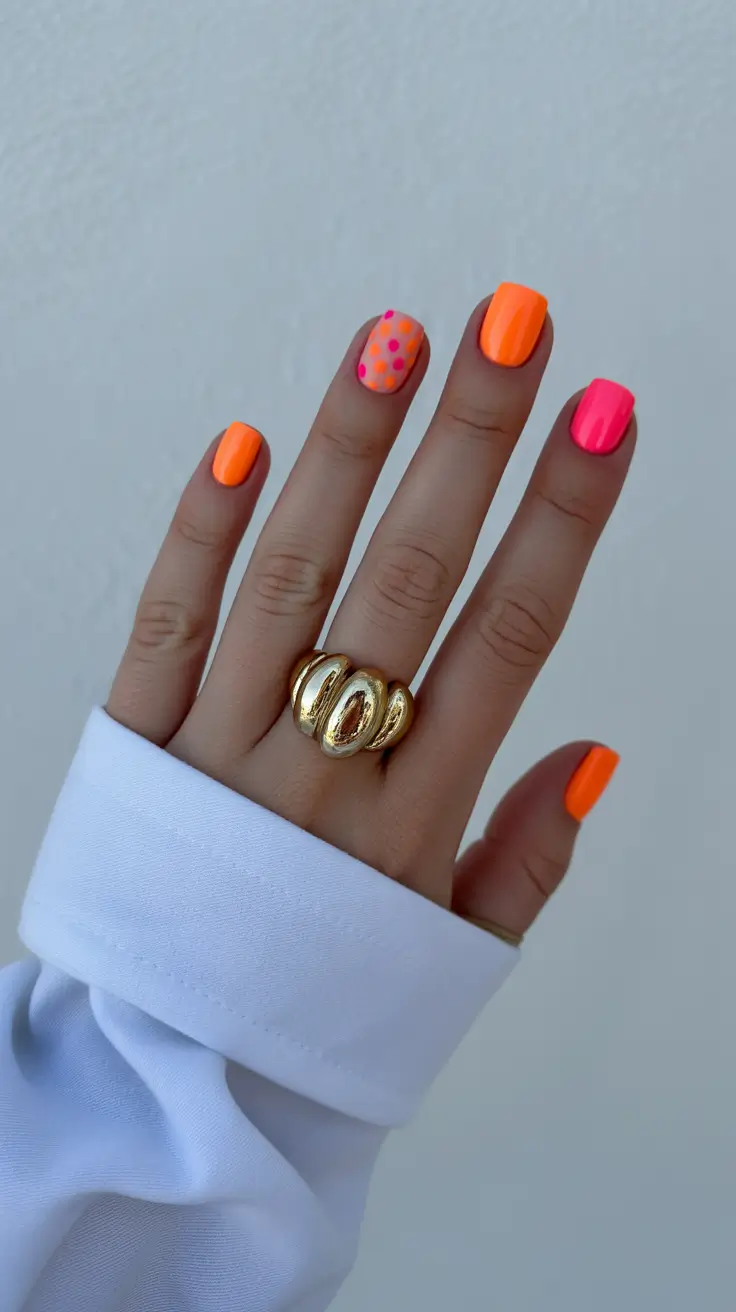 summer short nail inspo 2026 Neon Orange and Pink Pop Art Nails